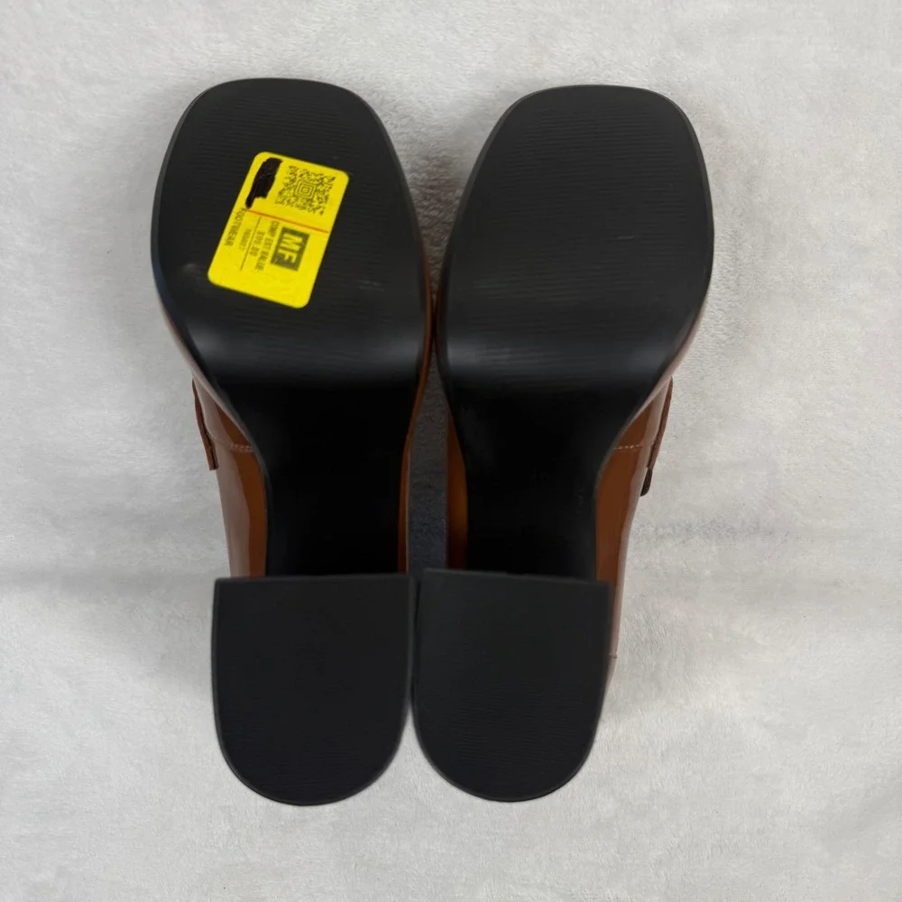 Nine West Brown Patent‎ Leather Chunky Platform Penny Loafer Heels Square Toe 6